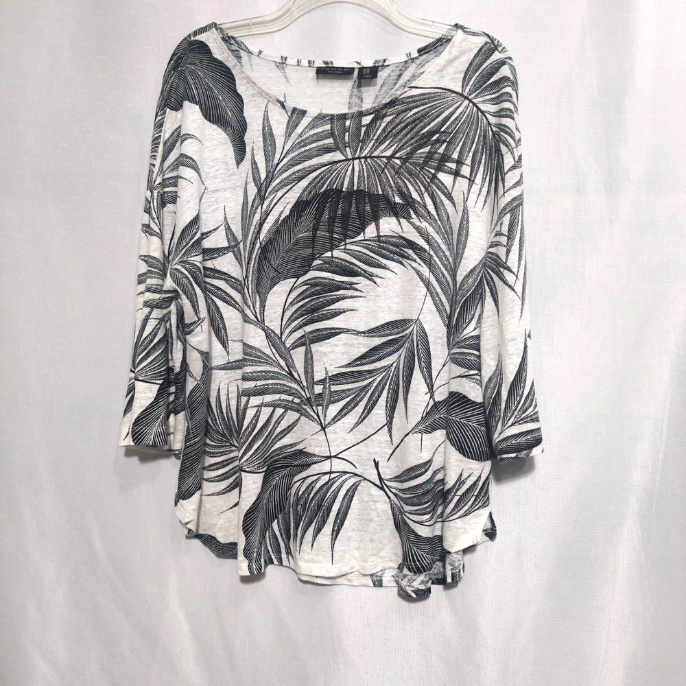Tahari Womens 1X Linen Blouse 3/4 Sleeve Curved Hem White Black Palm Leaf